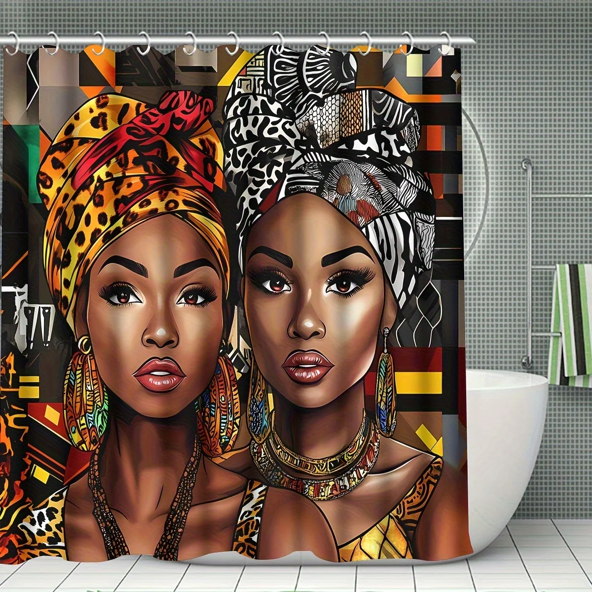 4pcs African American Woman Shower Curtain Set, Bathroom Curtain with 12 Hooks, Non-Slip, Toilet U-Shape, Seat Cover, Machine Washable Bathroom Decoration Accessories, African Theme Black Shower Curtain Gift for Women