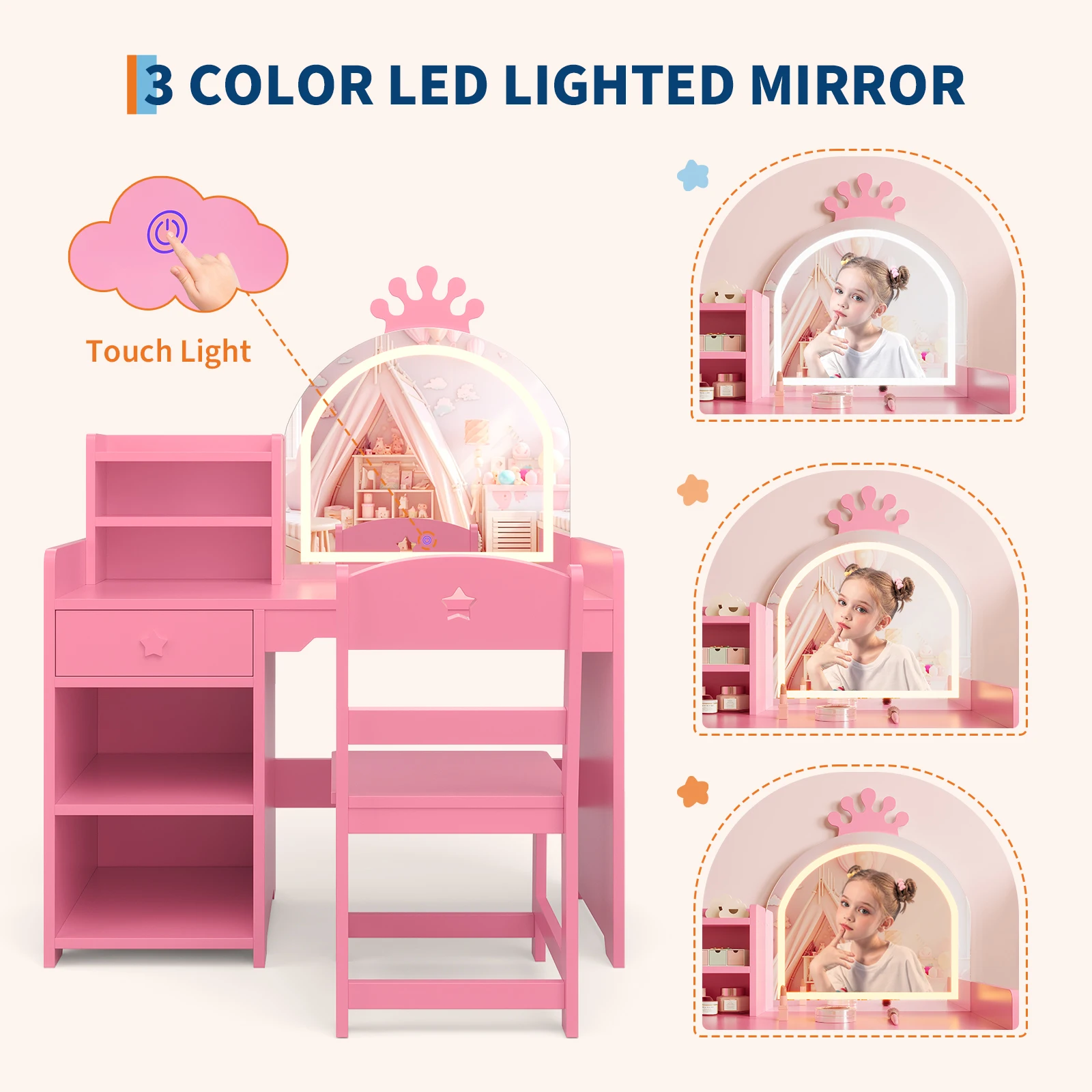 Kids Vanity with Lighted Mirror, 2 in 1 Princess Vanity Set Toddler Table & Chair Set with Open Bookshelf, Storage Cabinet & Shelves for Little Girls