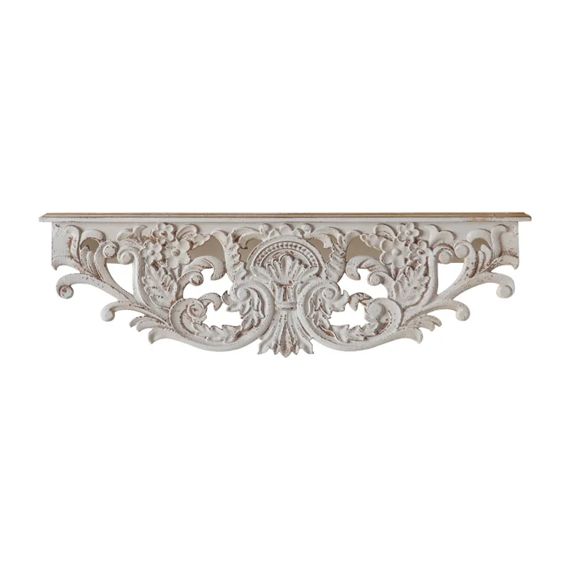 

French solid wood carving flower hollow wall shelf, retro wood wall decoration, living room wall hanging shelf