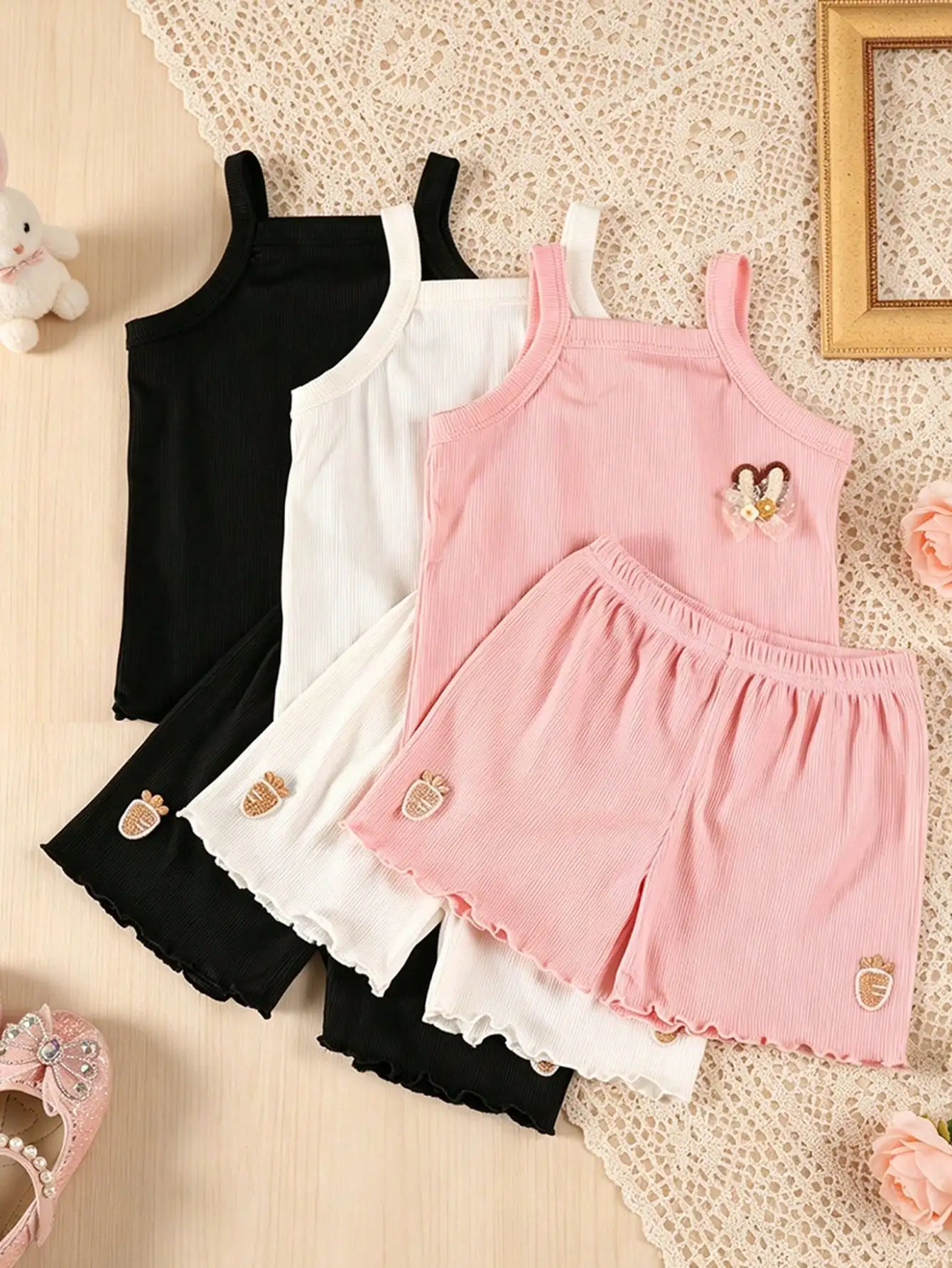 2Pcs Girls Ribbed Cami Top + Shorts Set Cute Bunny & Carrot Embroidery Outfit Polyester Spandex Summer Casual Kids Clothes 2-11Y
