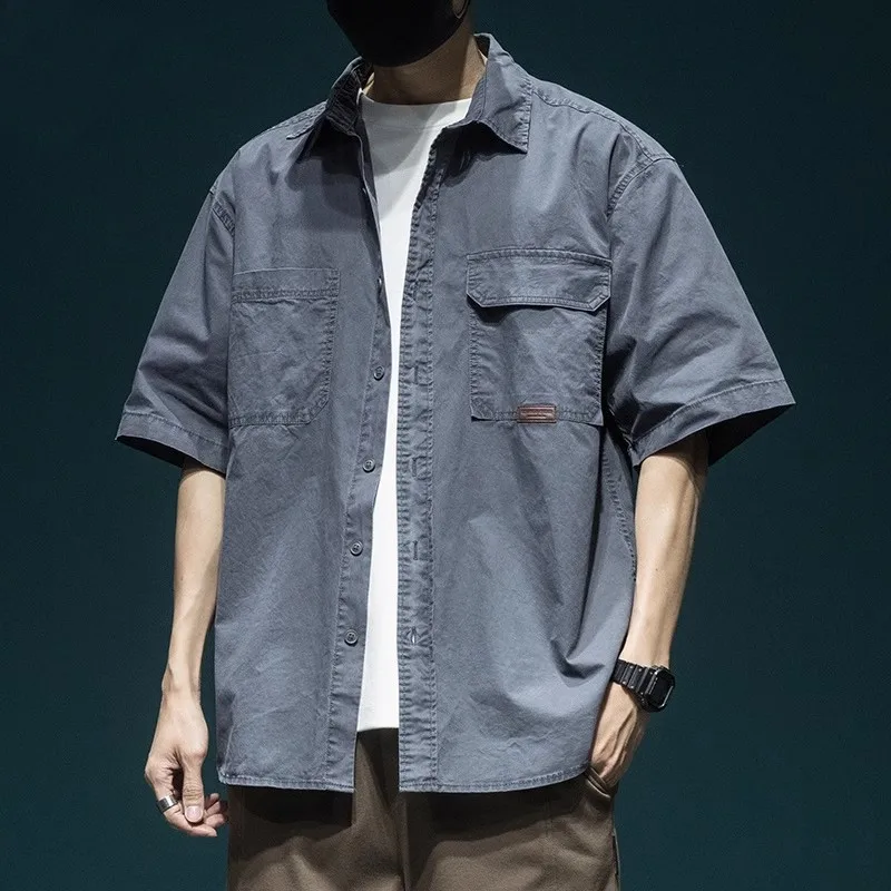 

Large Size 300 Pounds American Style Workwear Short Sleeve Shirt Men's Summer Washed Upper Apparel Washed Shirt Vintage Japanese