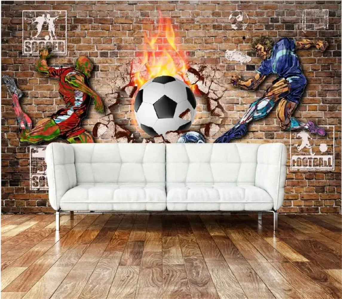 

Custom 3D Wall Paper Soccer Murals Large Shock 3D Stereo Cool Football Silk Cloth Wallpaper for Home Decor