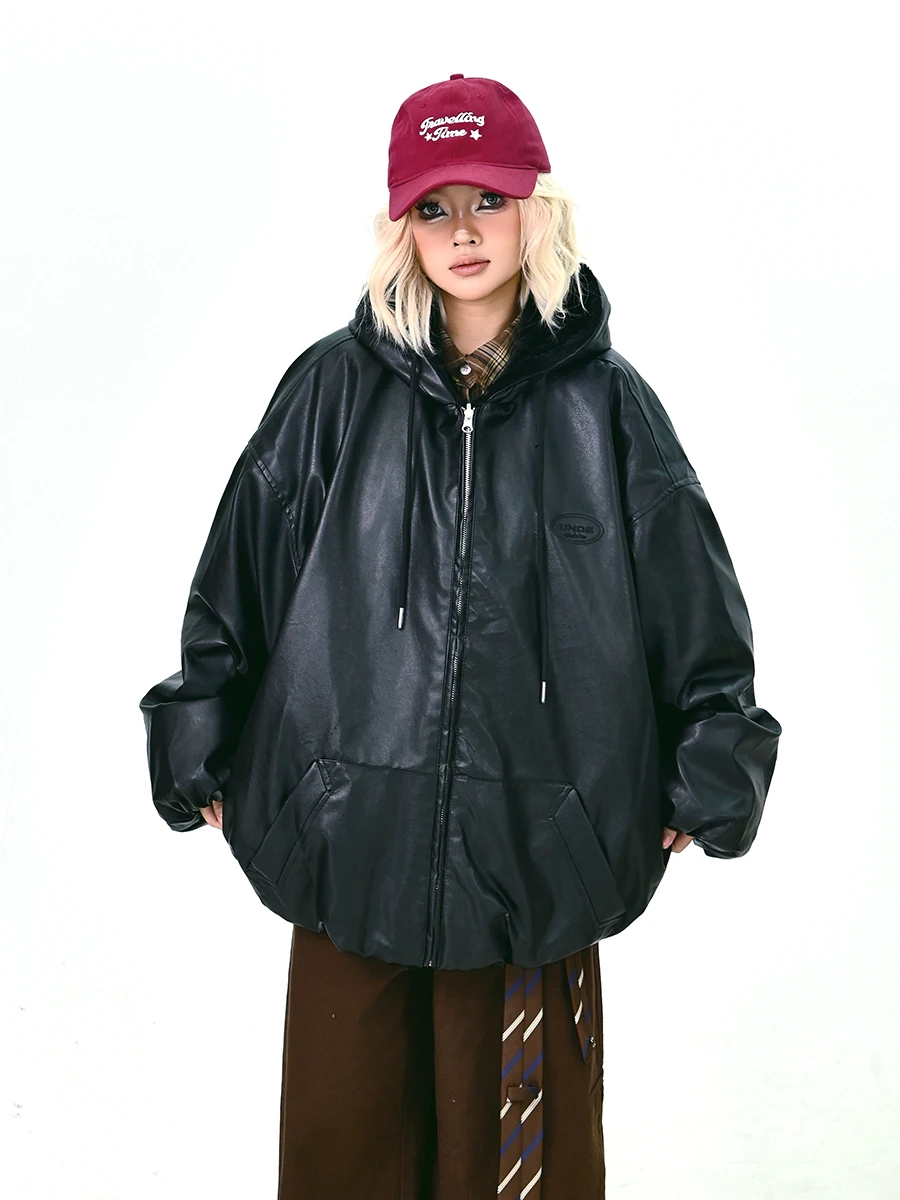 

Двусторонняя куртка из искусственной кожи и хлопка для женщин, свободного кроя, в американском мотоциклетном стиле, утепленная, модная верхняя одежда