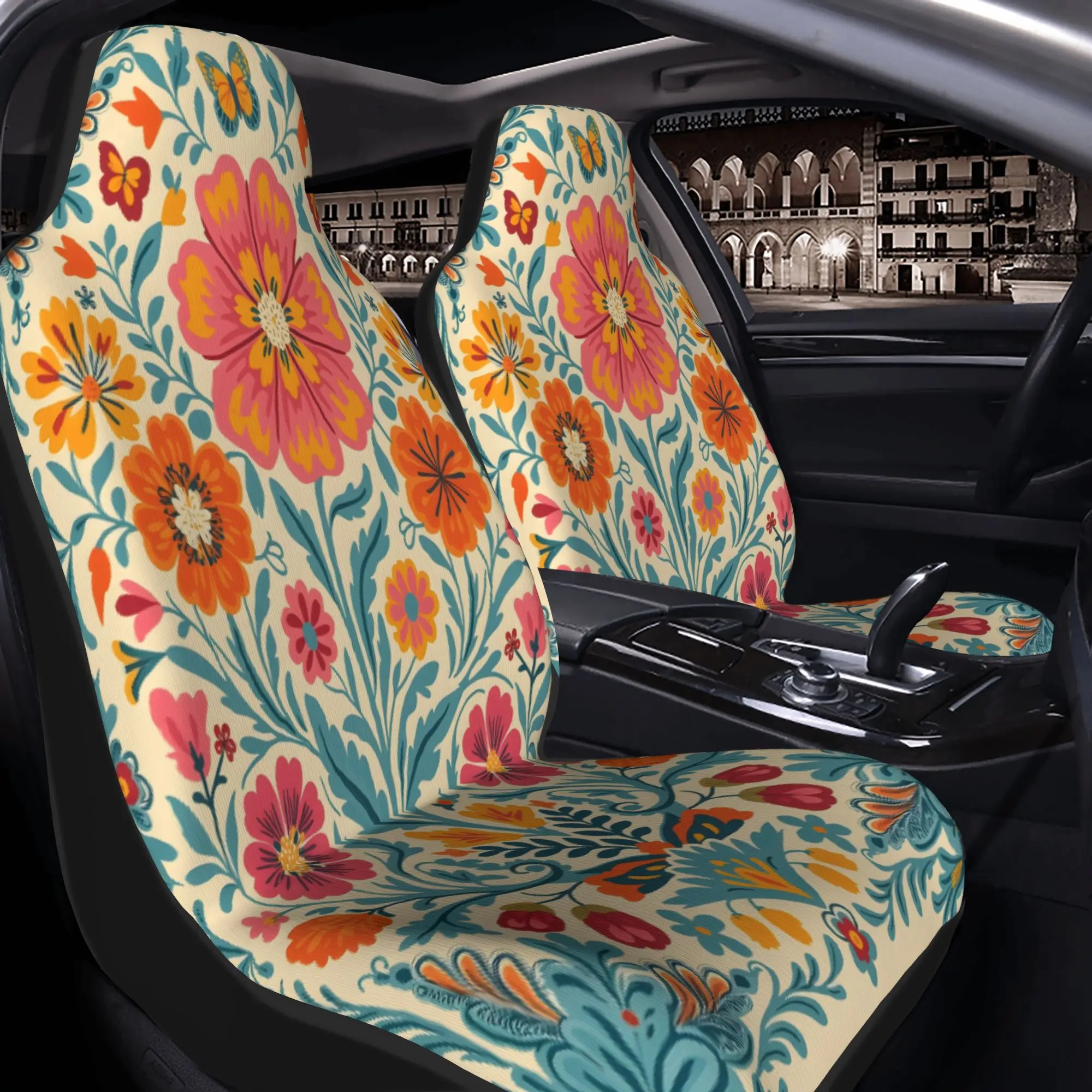 Set Of 2 Colorful Floral Tapestries In A Folk Art Design Featuring Blue And Orange Patterns For Car Seat Covers | Ideal For Suvs