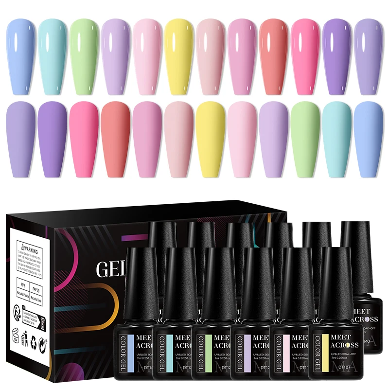 MEET ACROSS 12 Pz/set 7ml Macaron Gel Smalto Per Unghie Con Scatola Semi Permanente Gel UV Soak Off Nail Art Kit Vernice Per Manicure