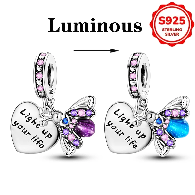Plata De Ley 925 Silver Glowing Firefly Heart Sign Pendant Charms Beads Womens Original Bracelets DIY Jewelry Pendants Gifts