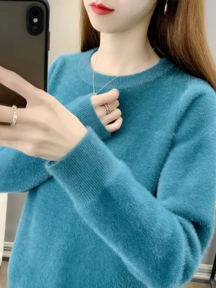 Thiened 라운드 네 민크 스웨터 여성용 오버헤드 니트 이너웨어 가을 겨울 신상 슬레 출퇴근용 루즈핏 롱 스웨터