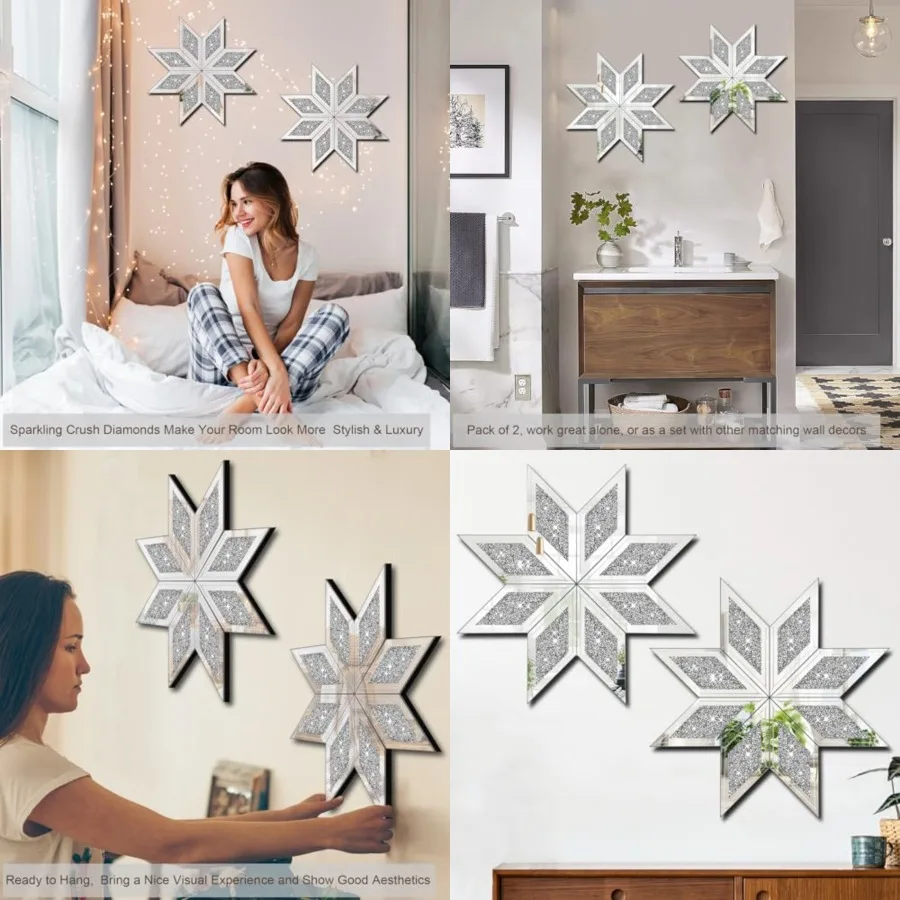 

2 Piece Crushed Diamond Decorative Mirror, Silver Crushed Diamond Mirror Decor Wall for Living Room Bedroom Bathroom Office 12X