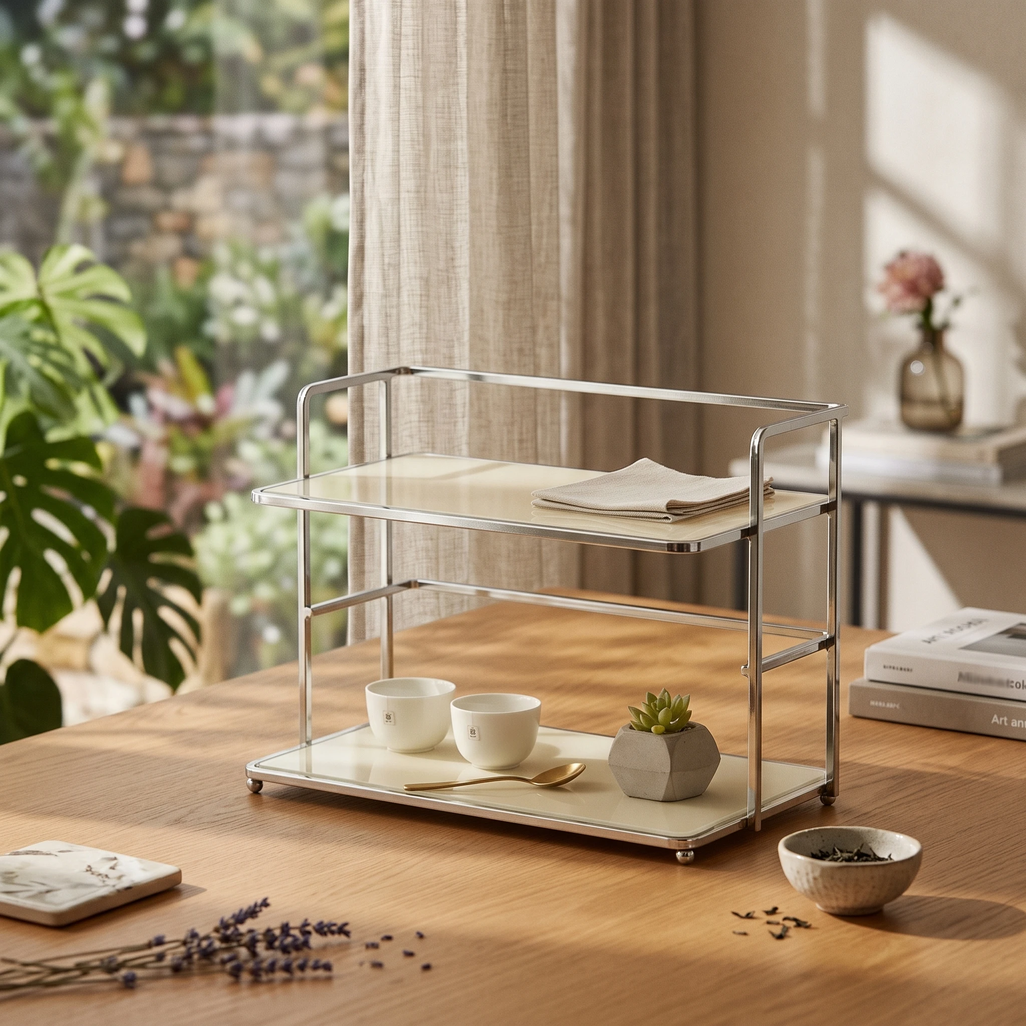 Tabletop Storage Rack Long-Lasting Desktop Organizer with Wheels 2-Tier Mini Cart Rust-Resistant Metal Rolling Cart Smooth