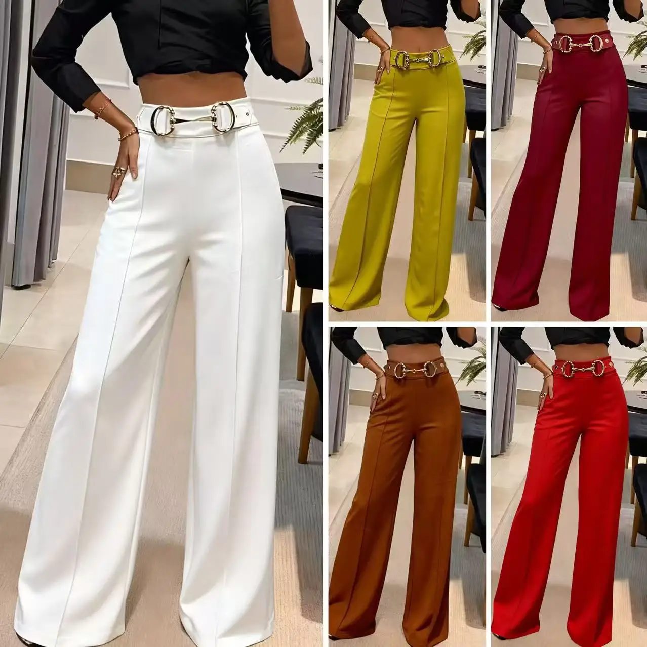 High Waist Metal Bule Wide Leg Pants Faionable Drapey Slimming Straight Leg Casual Pants for Women Commute Sle