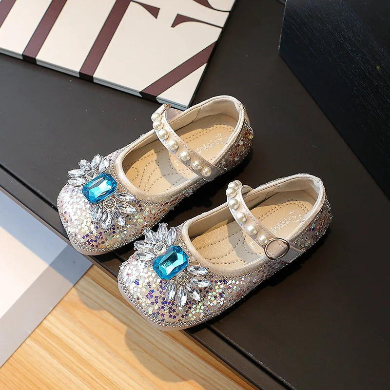 

Girls Princess Leather Shoes 2024 Spring Autumn Fashion Sparkling Water Diamond Kids Dance Shoes Dress Soft Sole Single Shoes