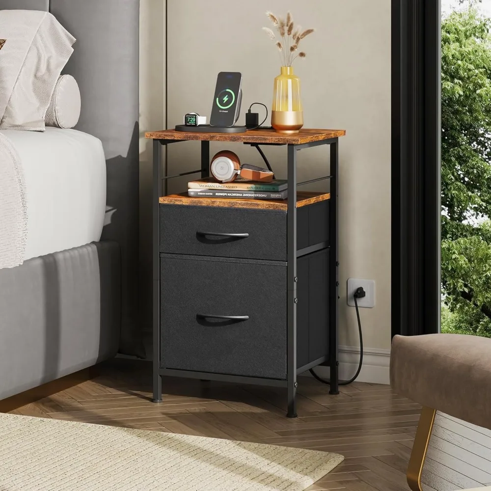 Laadstation nachtkastje set van 2, slaapkamerbijzettafels met stoffen lades, moderne nachtkastjes voor nachtkastjes
