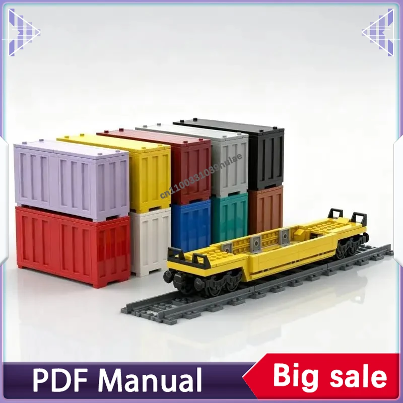 City-Scale 6-Stud Wide TTX Intermodal Well Car with 10 Container Blueprints Transport Railway Wagon Hobby Assembly Toy