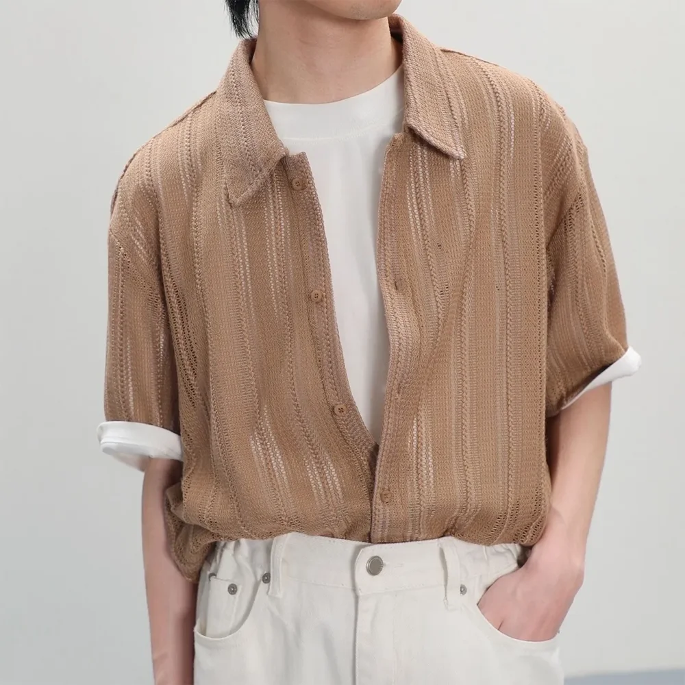 Men's Mesh Knit Shirt Hollow Out Striped Short Sleeve Casual Loose Fit Streetwear Summer Breathable Button Shirt 2026 New