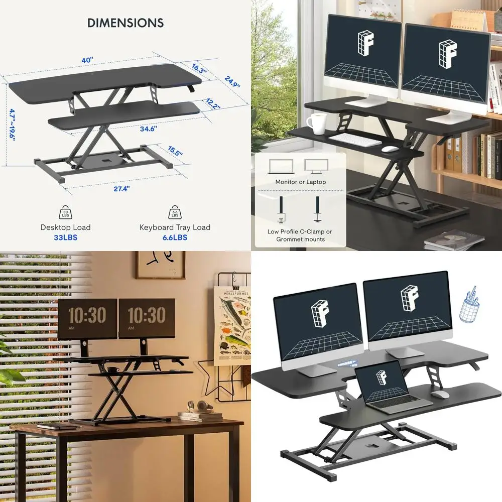 Adjustable Height 40 Wide Dual-Tier Standing Desk Converter for Spacious Computing Workstation, Black
