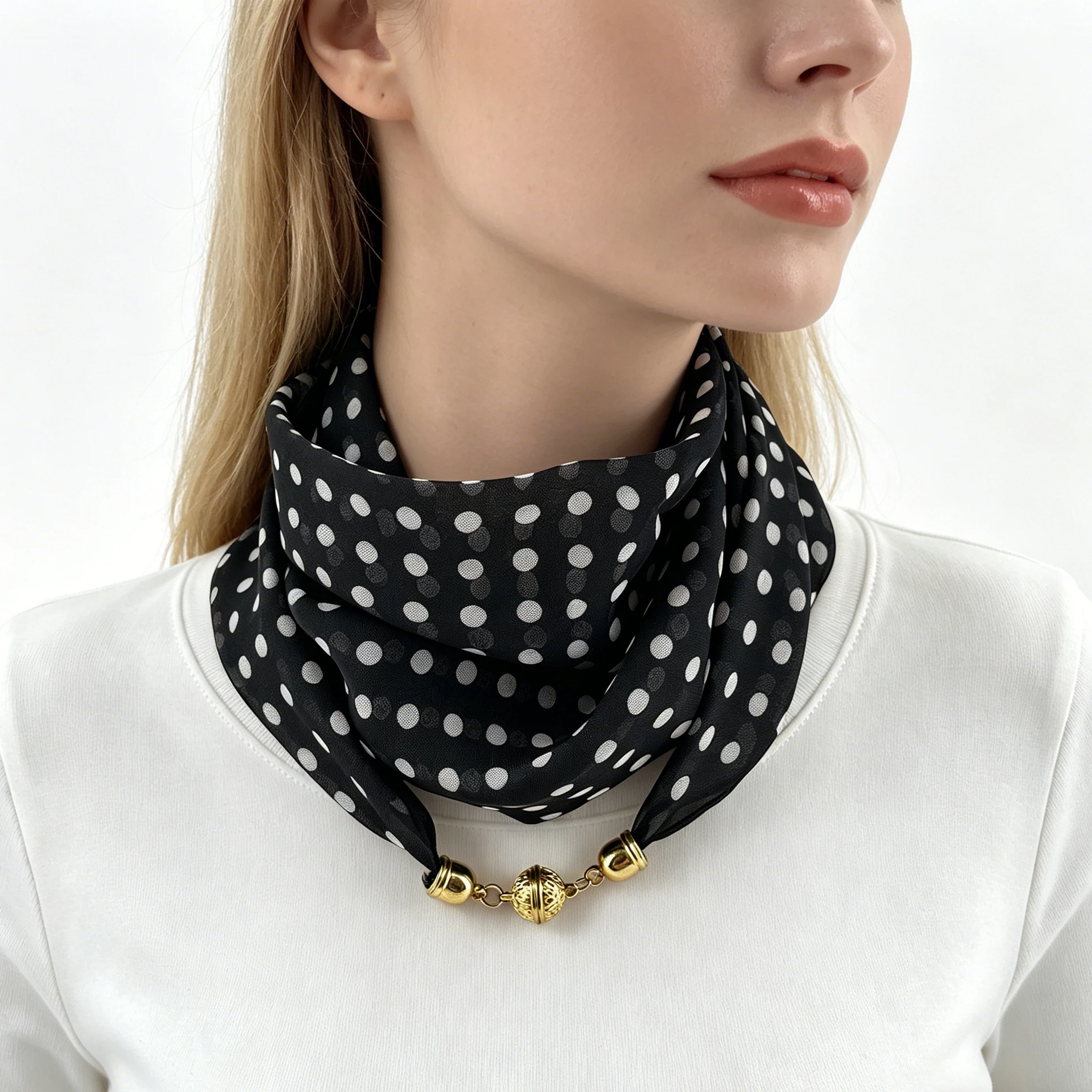 Schal mit Polka-Dot-Print und Magnetverschluss, dünner quadratischer Chiffon-Wickelschal, einfacher, bequemer Schnell-Trage-Halstuch, dekorativer Halstuch. – Detail 2