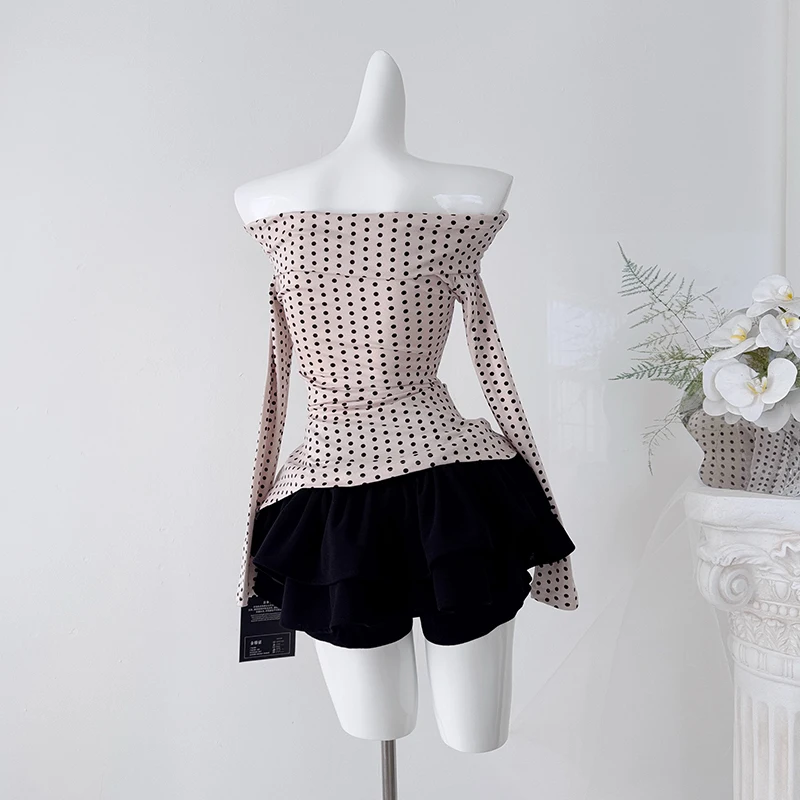 2 Piece Sets Outfits French-style Polka Dot Bow-front One-shoulder Tops and Elastic High Waist A-line Mini Skirt with Shorts