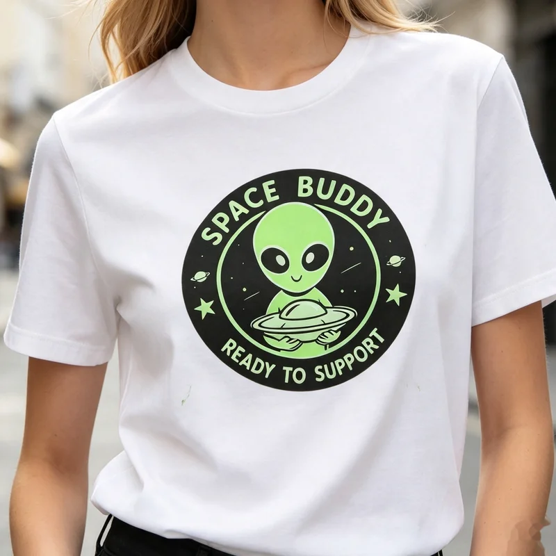 Space Buddy Alien UFO Funny Sci-Fi Graphic T Shirt Cotton Tee Unisex Men Women Streetwear Casual Daily Top Gift Outer Space