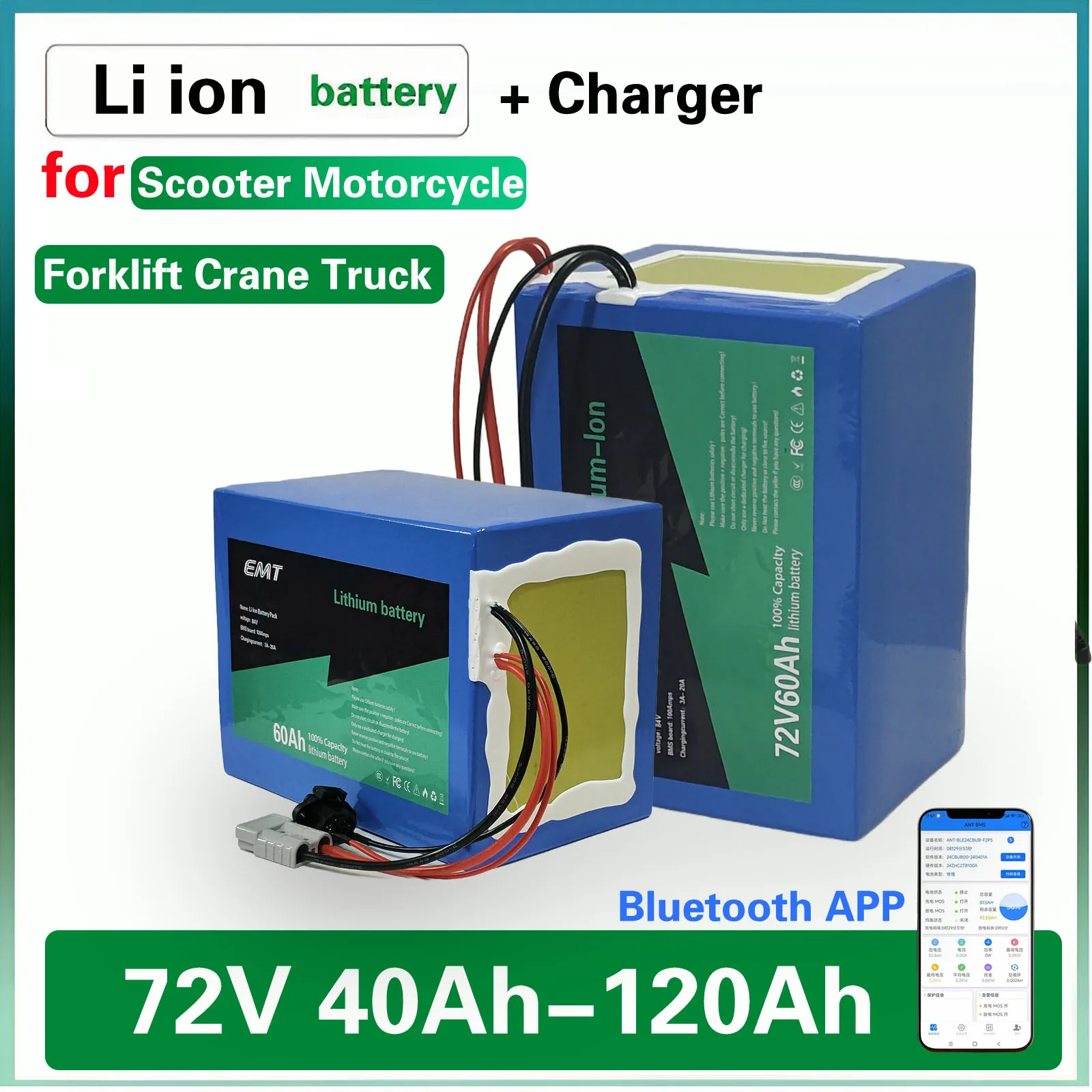 72v 40Ah 50Ah 60Ah 80Ah 100Ah lithium ion battery with bluetooth BMS for 3000W 5000W scooter Motorcycle Forklift Crane truck