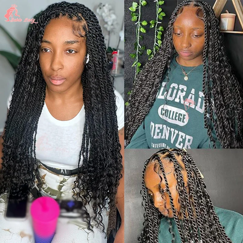 Długie 32-calowe syntetyczne peruki koronkowe Bohemian Twist Box Braided Wigs Lace Front Wig Cornrow Knotless Braids Wig For Black Women