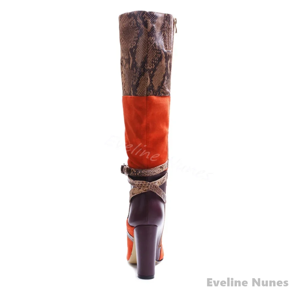 Flannel Snakeskin Colorblock Knee-high Boots Women Round Toe Chunky Heel Belt Buckle Side Zipper Long Boots New Fashion Boots