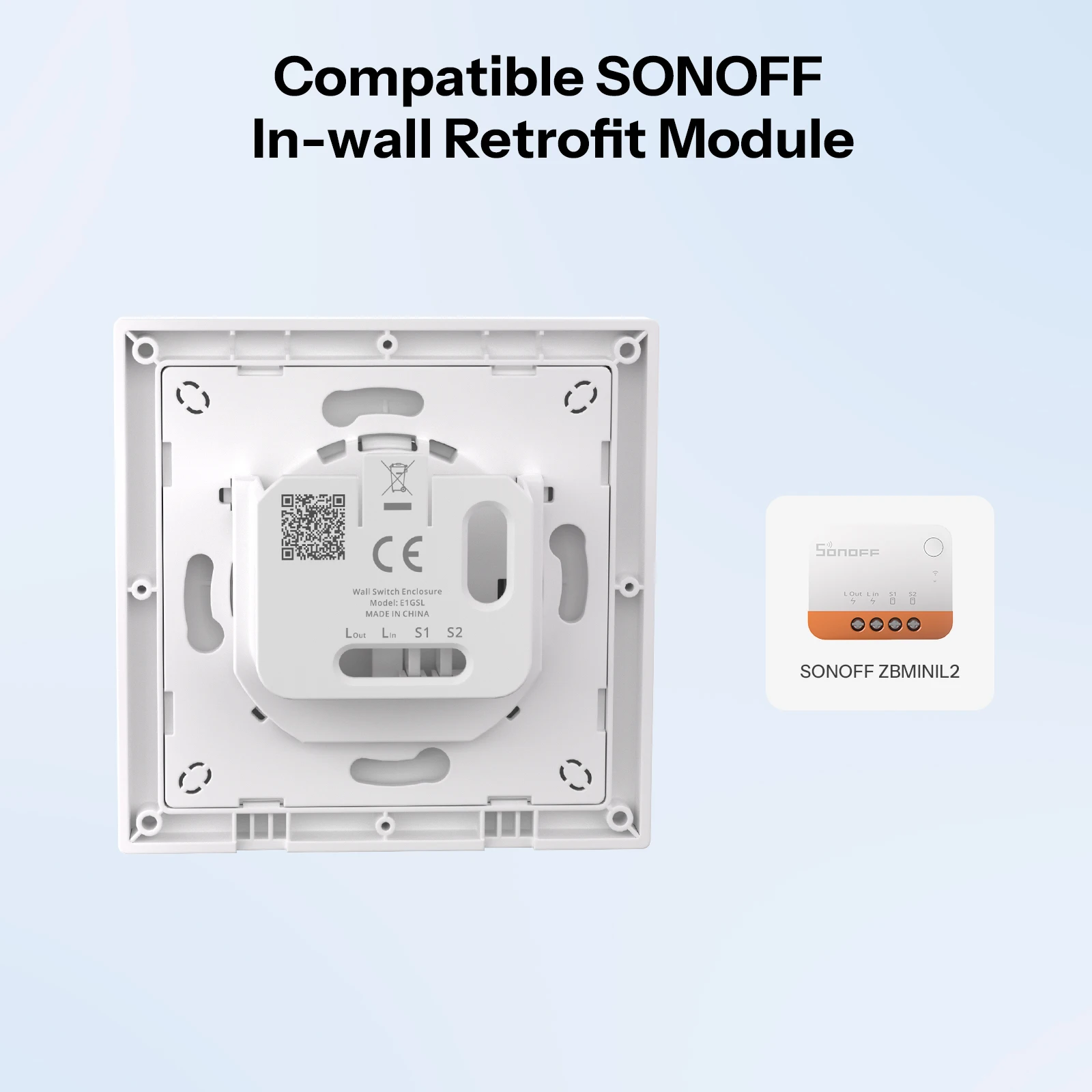SONOFF E1GSL Wandschaltergehäuse, kein Neutralleiter erforderlich, ultradünnes Clip-on-Installationsgehäuse aus PC-Material für ZBMINIL2
