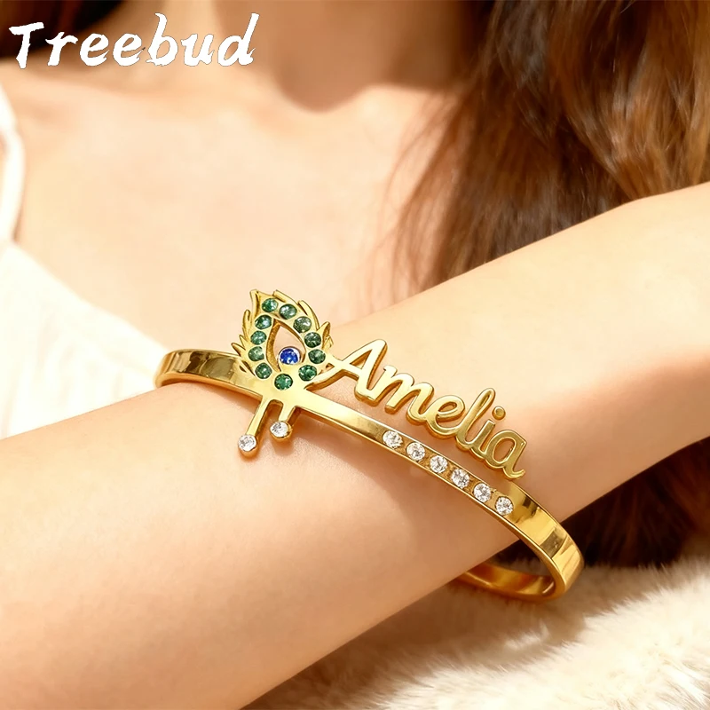 

Treebud Custom Feather Name Bracelet Personalized Stainless Steel Trident Adjustable Birthston Bangle for Women Girl Party Gift