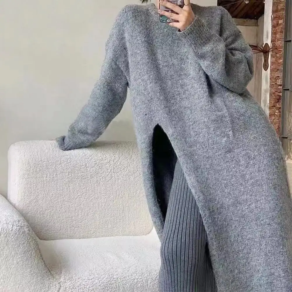 Knitting Sweater 3D Cutting Sweater Dress Long Sleeve Women Mid-calf Length Side Split Hem Pullover Sweater Anti-freeze