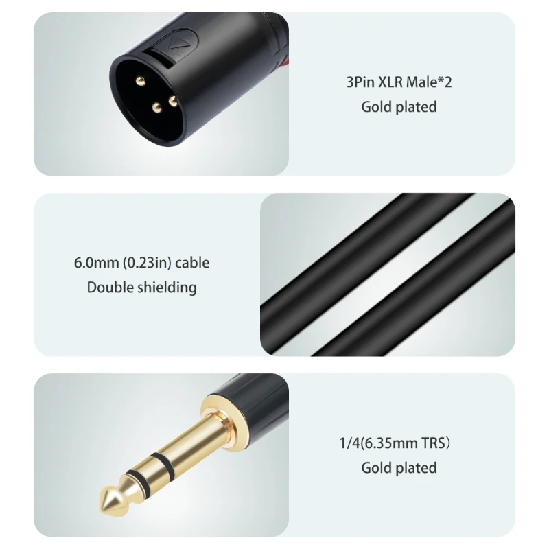 100/200/300cm 6.35mm Male to Kanon Male AUX Cable Convenient 1/4inch TRS to Double 3Pin Kanon Cord for Power Amplifiers