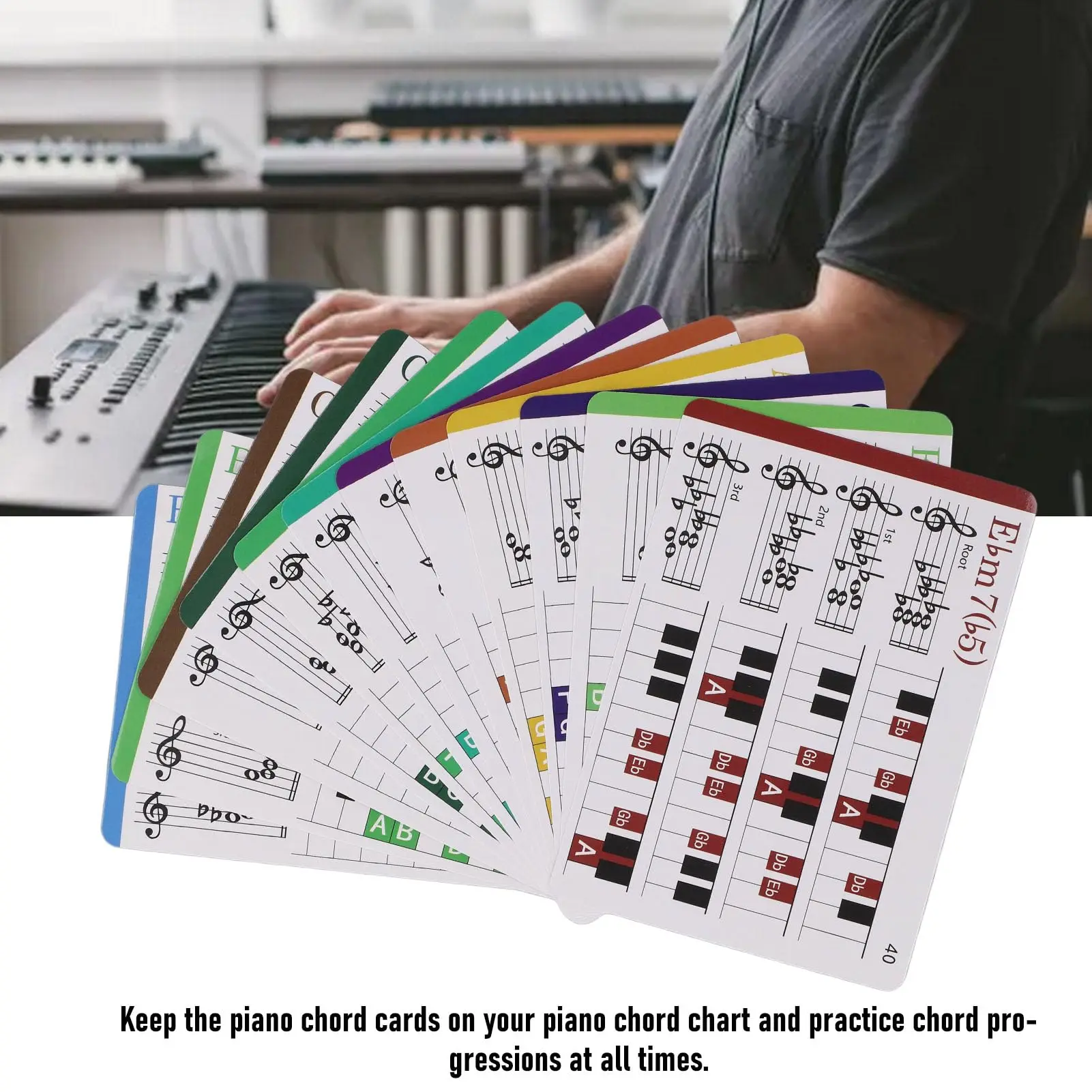 120장 음악 플래시 카드 컬러드 코퍼 플레이트 페이퍼 피아노 컬러 코딩 플래시 카드, 초보자용 피아노 코드 플래시카드