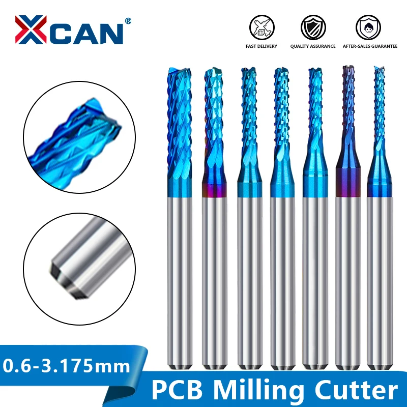 XCAN karbür uçlu freze 10 adet 3.175 sap mavi kaplamalı CNC Router uçları gravür kenar kesici End mill 0.8-3.0mm