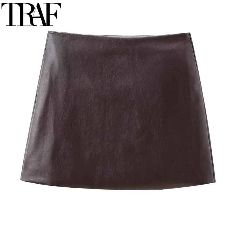 TRAF Women Faux Leather Skirt High Waist Vintage Brown Mini Skirt Woman Fashion Fall A Line Short Skirts Elegant Women's Skirts