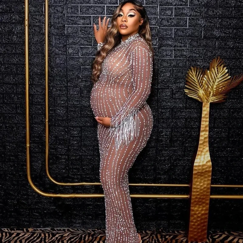 Rhinestone Embellished Maternity Dress For Pregnancy Photoshoot Pregnant Photography Outfit Sexy Stretchy Skinny Women Mesh Gown