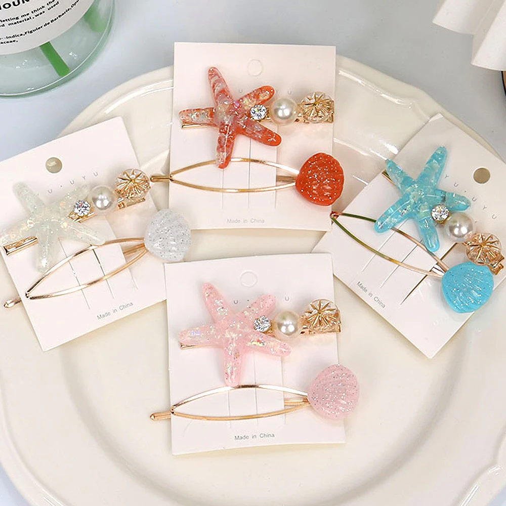 

2pcs/Set Ocean Styles Starfish Seashell Shaped Hair Clips Cute Acrylic Hairpins Women Girls Summer Beach Party Headwear