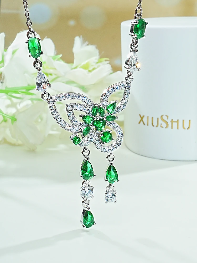 Fashionable Colorful Treasure 925 Sterling Silver Butterfly Pendant Set with High Carbon Diamonds, Retro Design