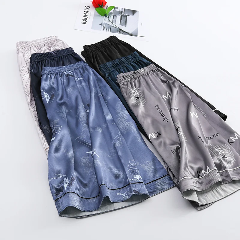 

Summer Silk Satin Short Home Pants Men Sleep Bottoms Fashion Print Pajamas Short Pants For Male Elastic Waist Loose Trousers