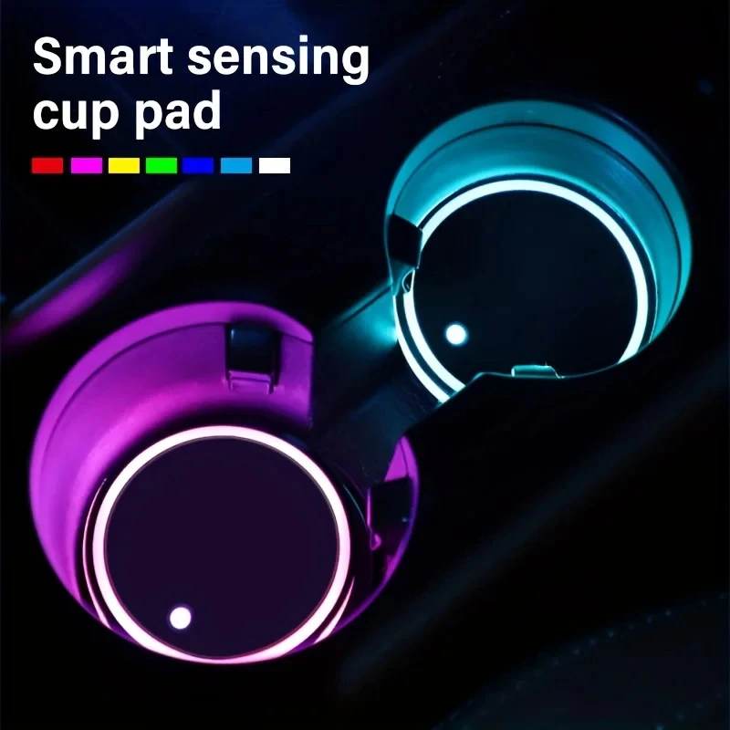2PCS 7 Colors Changing LED Car Cup Holder Luminous Coaster USB Rechargeable Anti Slip Car Interior Decorative Glowing Cup Mat