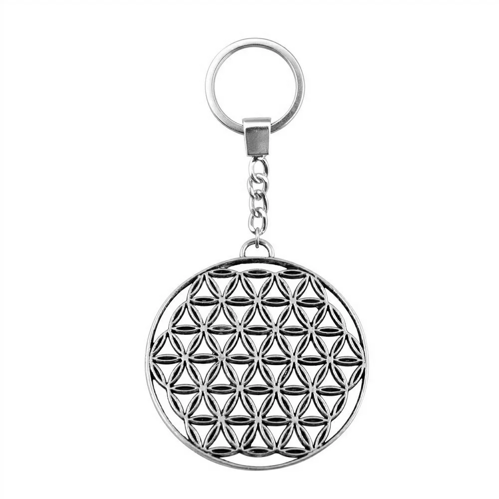 Woemn Men Keychain Dropshipping Antique Silver Color 48x44mm The Flower Of Life The Seed Of Life Pendant Keyring Gift