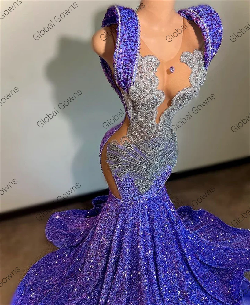 Sexy Purple Sequins Mermaid Prom Dress For Black Girl Beaded Sheer Neck Evening Party Gowns Sweep Train Robes De Soirée