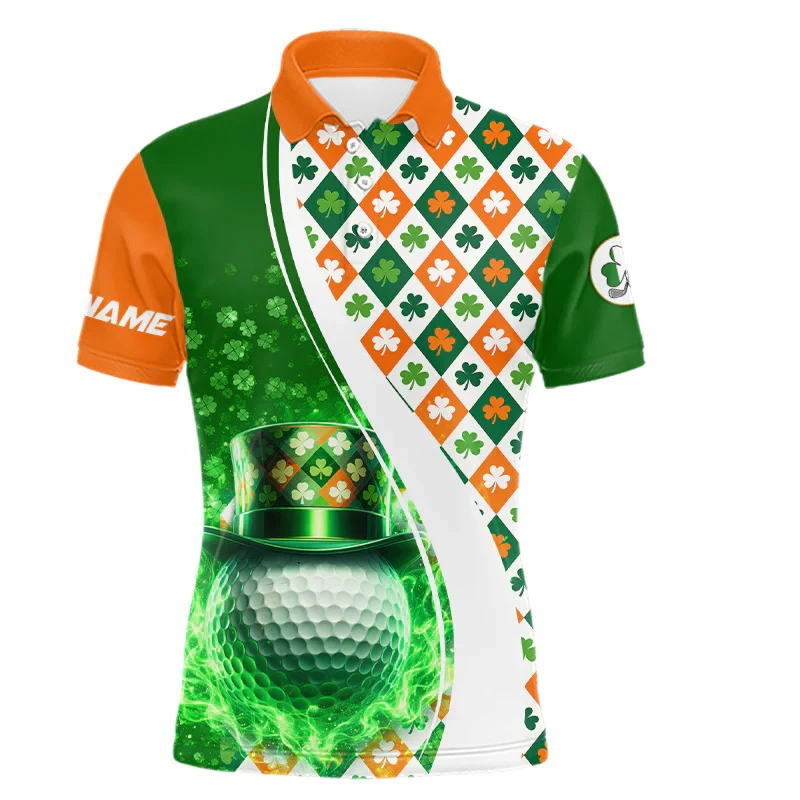 3D Print St Patrick's Day Clover Pattern Mens Golf Polo Shirts Custom Name Short Sleeve Sport Tshirt Top Men's Jersey Clothes