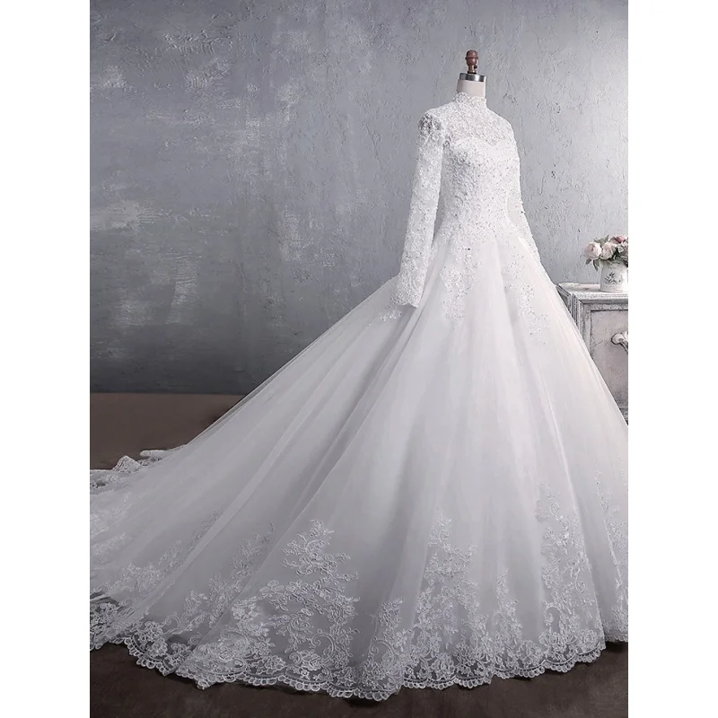 Wedding Dress Long Sleeve Muslimah Lace Bridal Stand Collar Large Tail Dinner Dresses Evening Ball Muslim Bride Gown L0001S