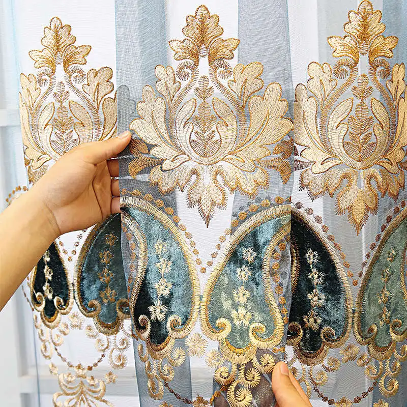 Tulle Blue Flocking Cloth Embroidered Window Screen Curtains for Living Room Bedroom Door Screen Balcony Window Partition Door