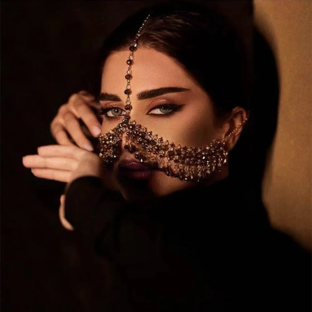 

INS Handmade Metal Black Crystal Beads Tassel Head Chain Cover Face Jewelry Mask for Women Nightclub Performance Accessories