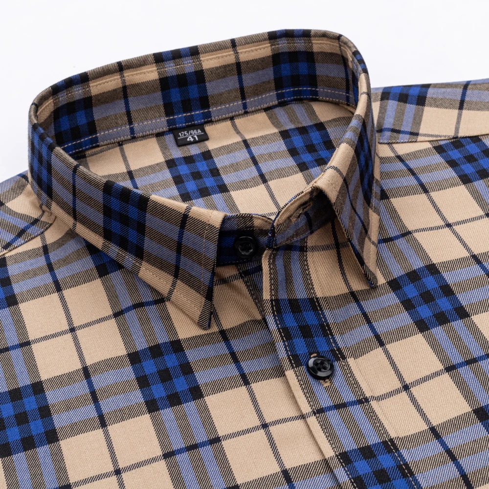 Men's Quality Modal Cotton Striped Plaid Dress Shirt Without Pocket Stylish Casual Standard-fit Long Sleeve Gingham Shirts