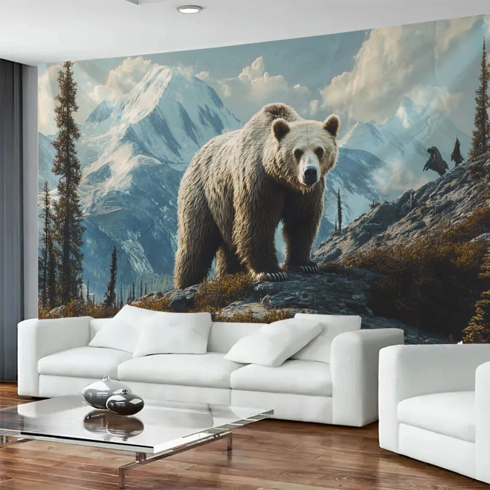 Large Snow Mountain Bear Tapestry Wall Hanging Art Fabric Mural Animal Theme Home Decor for Living Room Bedroom