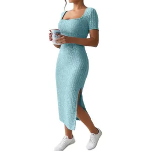 Summer Dress Square Neck, Hip-Acting Skirt of Medium Length, Short Sleeve, Versatile Mesh Dress 8 Main Sales Dress with Slit - №1