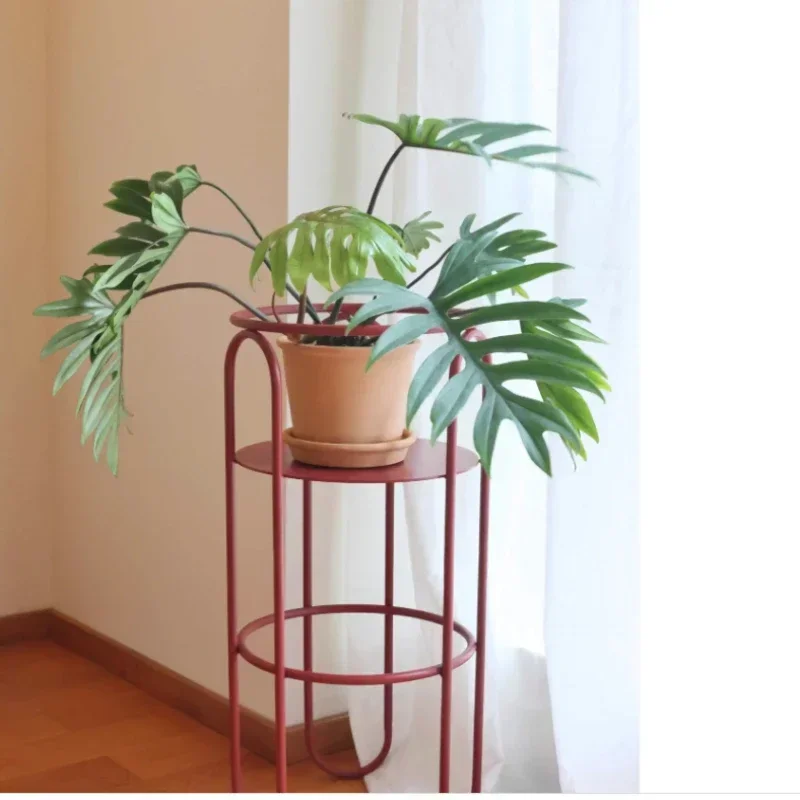 Retro Red Flower Rack Indoor Minimalist Movable Flowerpot Modern Iron Art Balcony Flower Pots for Living Room
