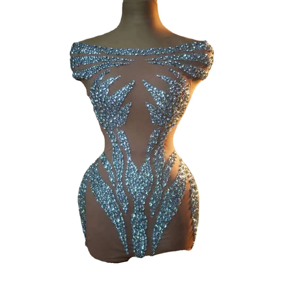 Sparkly Rhinestones Short Dress for Women Sexy Mesh See Through Party Celebrate Birthday Dress Photo Shoot Wear Stage Costume