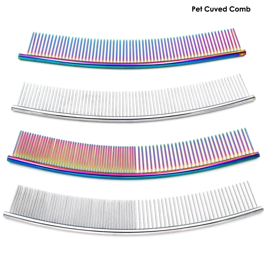 25cm Pet Curved Comb Stainless Steel Combs Professional Pet Grooming Comb Dense Sparse Teeth Dog Cat Cleaning Brush Open Knot