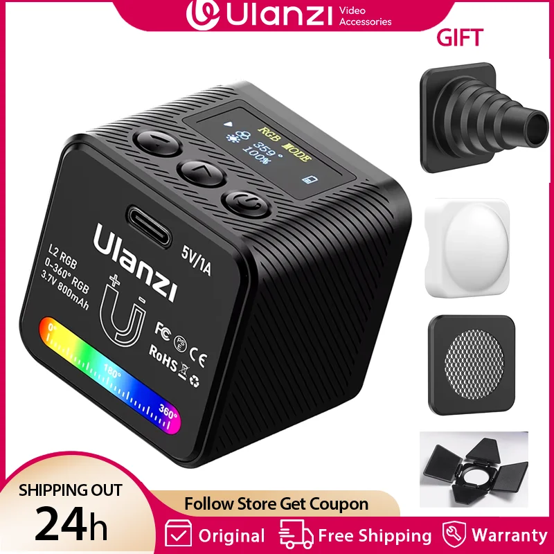 Ulanzi L2 RGB Mini COB Video Camera Light Dimmable 360° Full Color Light with Diffuser Honeycomb Photography for DSLR Camera